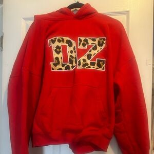 Red Delta Zeta Hoodie with Leopard Print Letters DZ
